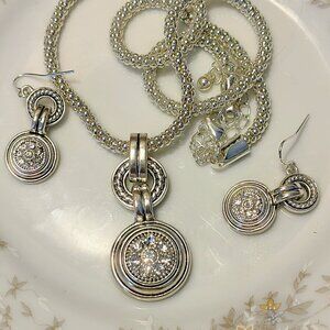 Shiny Silver-tone Rhinestone Border Necklace and Earrings Demi-Parure Set